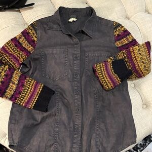 We The Free Charcoal Shirt with Striped Sleeves